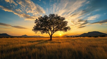Fototapeta premium Majestic Sunset Over a Lone Tree in a Golden Field Landscape