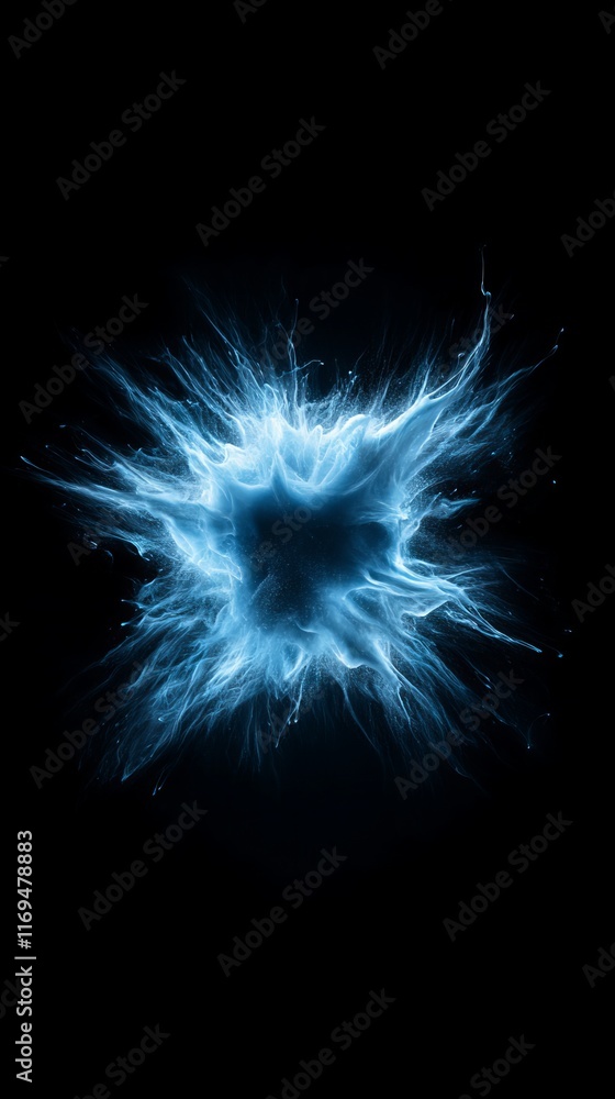 Poster abstract image of a vibrant blue energy burst against a stark black background. the luminous glow cr