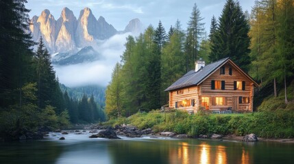 Fototapeta premium Illuminated wooden chalet nestled in the dolomites at dusk