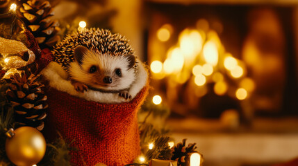 Cute hedgehog resting in a festive red stocking near a cozy fireplace during the holiday season
