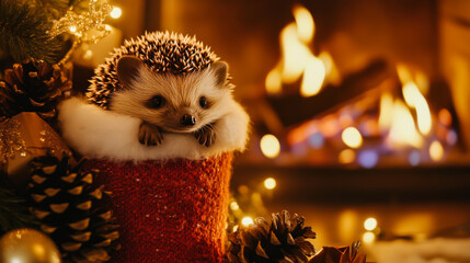 Cute hedgehog resting in a festive red stocking near a cozy fireplace during the holiday season