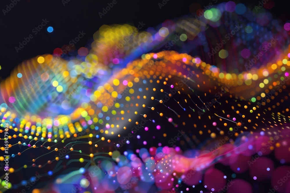 Poster Complex patterns of light and color create an enchanting visual wave effect in a digital space filled with vibrant dots and shimmering textures