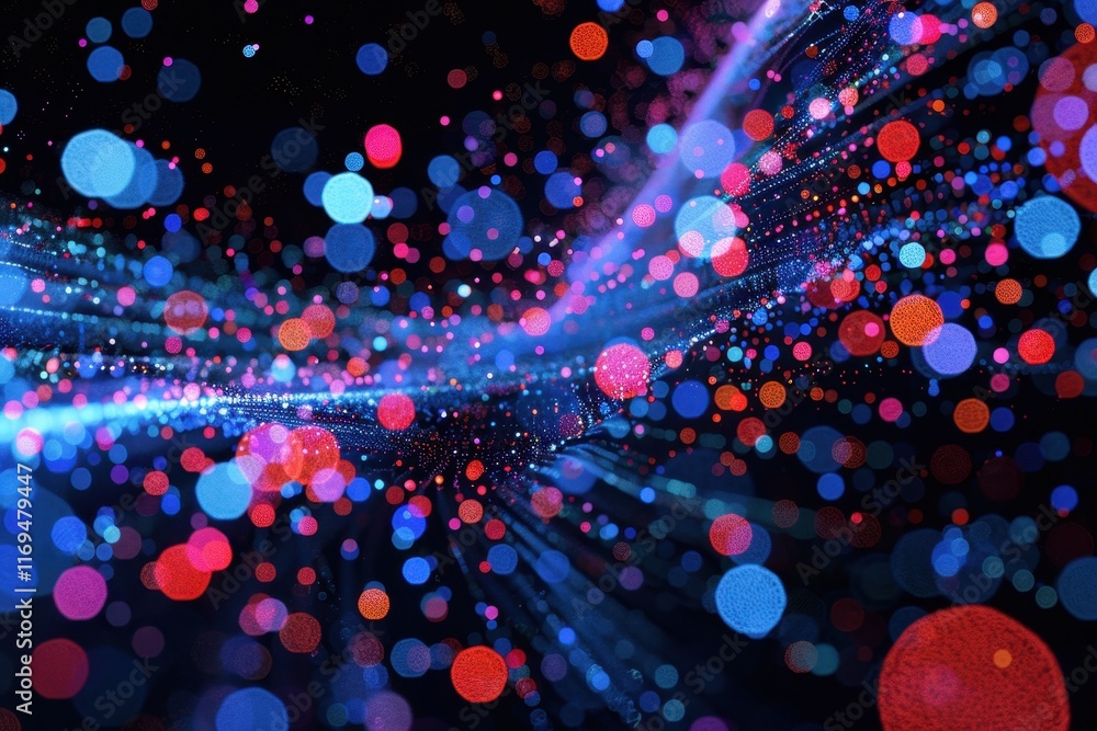 Poster Complex patterns of light and color create an enchanting visual wave effect in a digital space filled with vibrant dots and shimmering textures