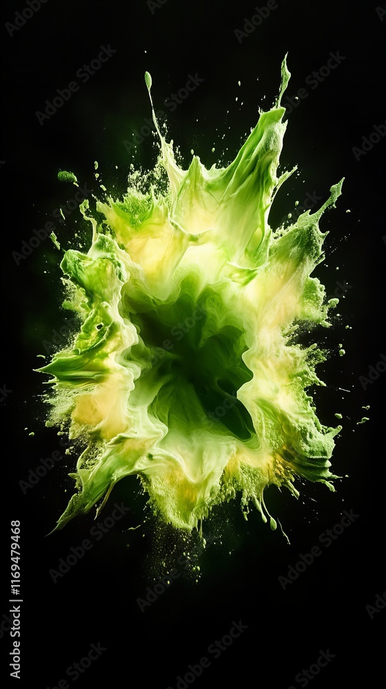 Poster vibrant green liquid explodes against a black background, creating a stunning visual of dynamic moti