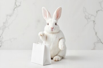 Fototapeta premium Cute bunny holding minimalist Easter bag on modern backdrop, festive joy. Greeting card or holiday poster for Happy Easter promotion