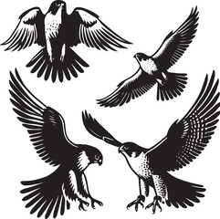 silhouette set of peregrine falcon flying poses, 