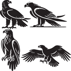 silhouette set of golden eagle sitting poses,black and white eagle illustration, eagle silhouette vector