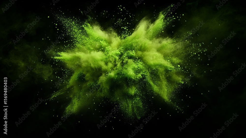 Poster vibrant green powder explodes against a stark black background, creating a dramatic and energetic im