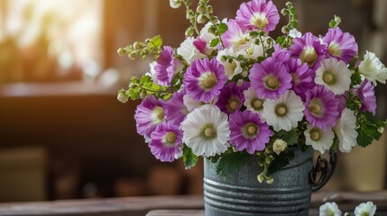 Fototapeta premium A lovely bouquet of purple and white hollyhocks in an antique metal bucket, captured in a cozy indoor setting with warm, ambient light creating a welcoming atmosphere.