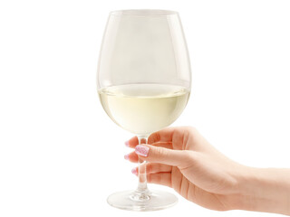 Obraz premium Pinot Grigio in a classic wine glass, held by a medium-light skin tone hand with short, polished nails in