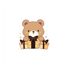A cute bear holding gift boxes, surrounded by stars, perfect for celebrations or as a playful illustration for children.