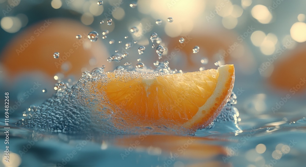 Poster sliced orange splashes in water creating bubbles and ripples reflecting sunlight in a bright atmosph