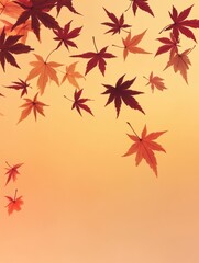Autumn Maple Leaves Falling Against Orange Sky