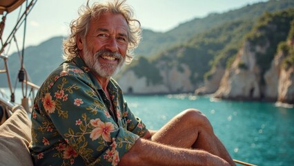 Man with a beard and gray hair is sitting on a boat in the ocean
