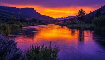 Obraz premium Soft orange and purple hues paint a calm river as the sun begins to rise.