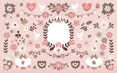 seamless flowers, birds and hearts pattern background, valentine's day themed template, design illustration wallpaper, floral frame