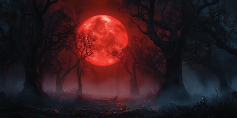 Blood red moon rising over a spooky forest, creating an eerie and mystical atmosphere.