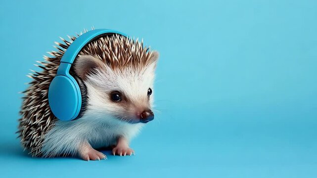 An adorable hedgehog listens to music while wearing bright blue headphones in a vibrant, colorful studio with a simple background