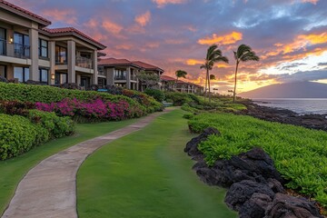 Fototapeta premium Oceanfront resort at sunset. Walkway leads to luxurious villas with stunning coastal views.