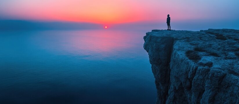 Silhouetted figure standing alone on a rugged cliff edge gazing out over a vast tranquil ocean landscape bathed in the warm glow of a dramatic sunrise or sunset  Serene peaceful