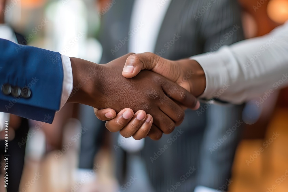 Poster business professionals engage in a handshake during a networking event at a modern venue in the city