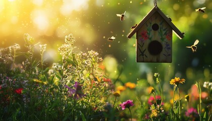 An artistic birdhouse hanging in a lush garden full wildflowers and buzzing bees under the warm sunlight