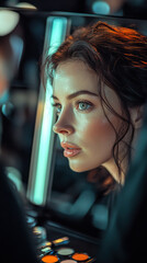 Fototapeta premium Beautician applies makeup to a model during an evening beauty session in a well-lit studio