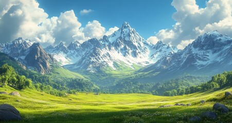 Obraz premium Bright mountain landscape filled with wildflowers under a blue sky