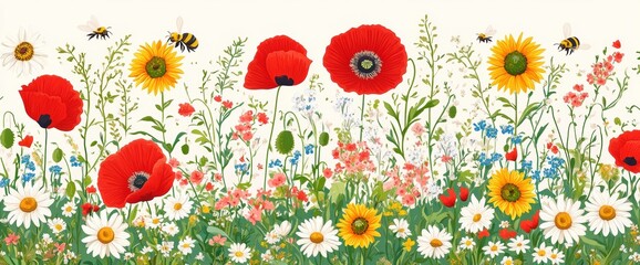 A colorful meadow is alive with red poppies, daisies, and sunflowers under bright sunlight. Bees flit about, pollinating flowers in a joyful spring atmosphere