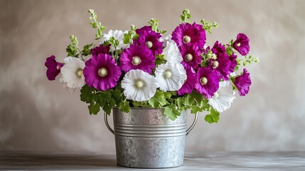 Fototapeta premium A refined bouquet of deep purple and white hollyhocks in a polished metal bucket, captured with soft, even lighting against a minimalist background.