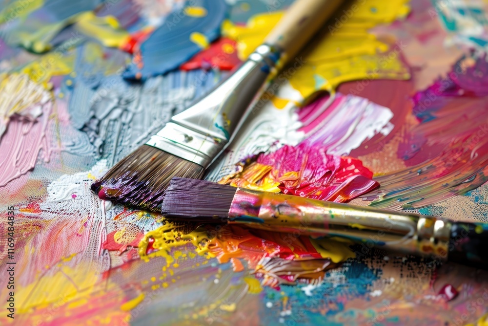 Aufkleber vibrant brushes resting on a colorful palette filled with a variety of paint colors ready for artist