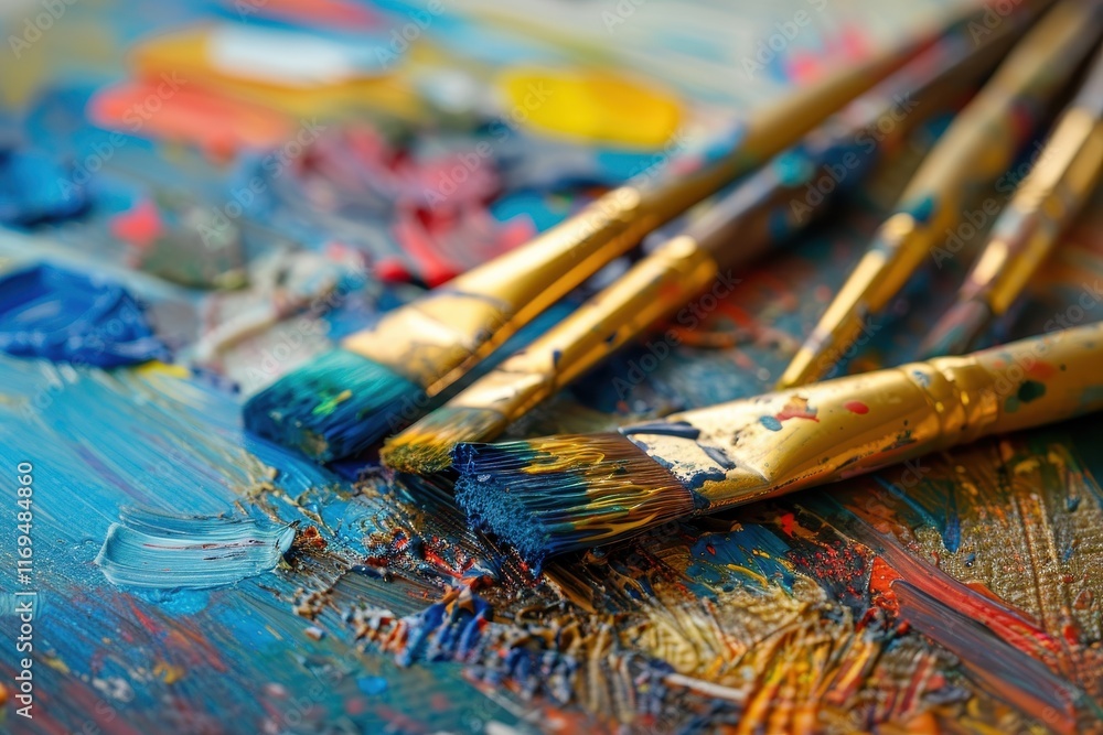 Fototapete vibrant brushes resting on a colorful palette filled with a variety of paint colors ready for artist