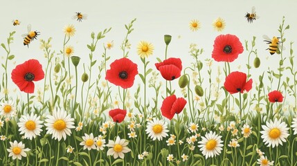 Fototapeta premium A vibrant meadow showcases a mix of red poppies, white daisies, and yellow flowers under a clear blue sky. Bees buzz actively among the blossoms on a beautiful spring day