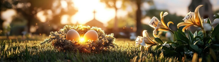 A serene sunrise scene with eggs nestled in grass and flowers.