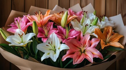 Beautiful bouquet of colorful lilies showcasing vibrant blooms and green leaves © olegganko