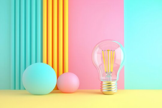 Colorful geometric shapes and a light bulb on vibrant background.