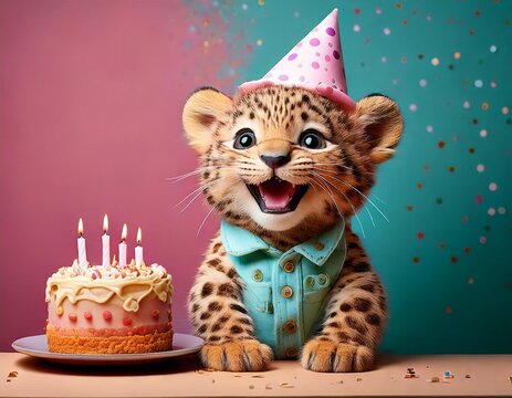 A Cuddly Toy, leopard, with a Birthday Cake celebrates at a Party