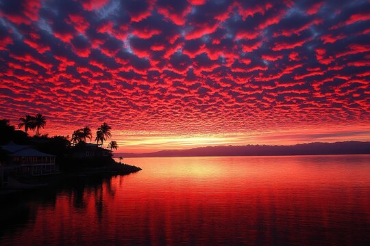 Fiery sunset over calm ocean, palm trees silhouetted against a breathtaking red sky.  A picturesque coastal scene.