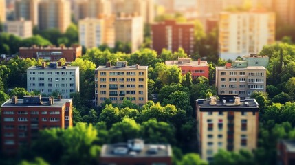Colorful Buildings with Rooftop Gardens in Urban Space