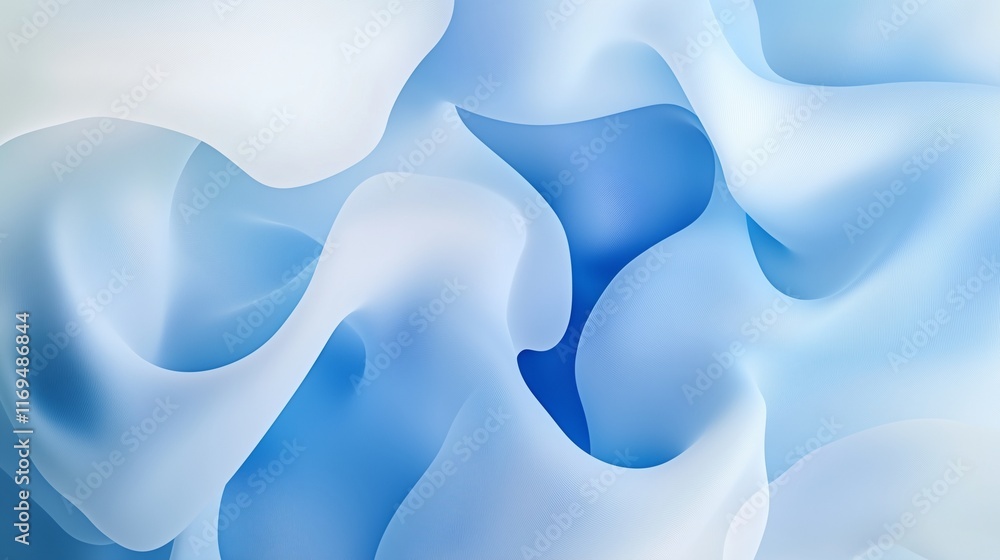 Poster a serene abstract design featuring soft, flowing blue and white shapes that blend seamlessly into ea