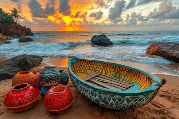 Obraz premium Sunrise paints the sky as a colorful boat rests on the beach, near decorative pots.