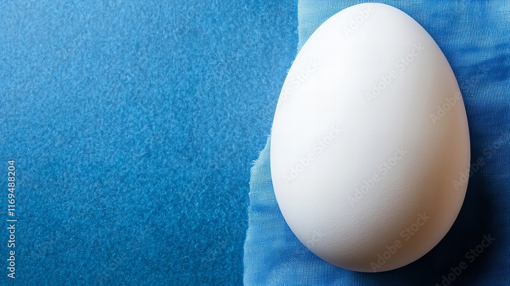 Poster A single white egg rests on a piece of textured blue fabric, creating a simple yet elegant contrast of colors and textures.  The smooth surface of the egg is highlighted against the rough fabric.