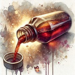 Close-up of cough syrup bottle with pouring cap in watercolor
