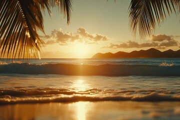 Golden sunset over a tranquil ocean, viewed through palm fronds. Serene beach scene.