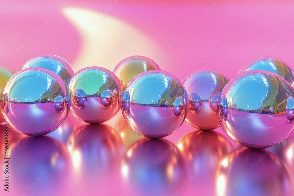 Poster reflective spheres on vibrant pink background creating artistic visuals in a modern setting