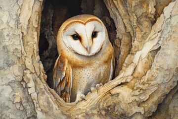 Obraz premium A Barn Owl Barn Owls are silent predators of the night world. Lanky, with a whitish face, chest, and belly, and buffy upperparts, this owl roosts in hidden, quiet places during the day. 