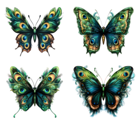 set of beautiful tattoo of a butterfly with peacock on white background.PNG