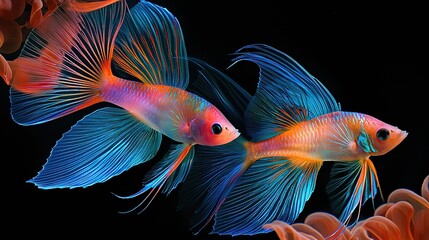 Colorful blooming fish showcasing vibrant hues and intricate details against black
