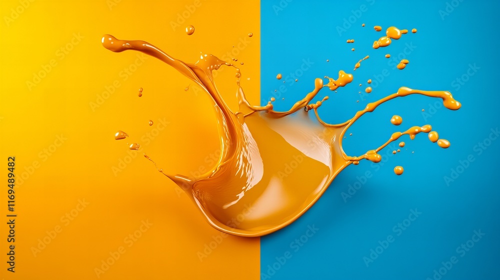Poster vibrant amber liquid splashes across a bold yellow and blue background, creating a dynamic and energ