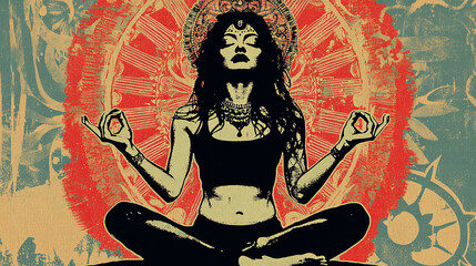 Artistic Depiction of a Meditating Figure in a Yoga Pose with a Textured Vintage Background, Symbolizing Peace, Spiritual Connection, and Mindfulness